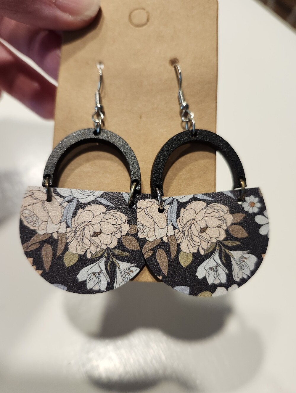 Black Floral Half-Moon Drop Earrings - Women Jewelry Handmade NEW